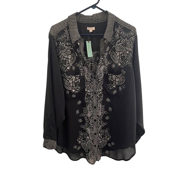 NWT Anthropologie Pilcro Blouse Size 2X Black Boho Paisley Artsy Oversized Top